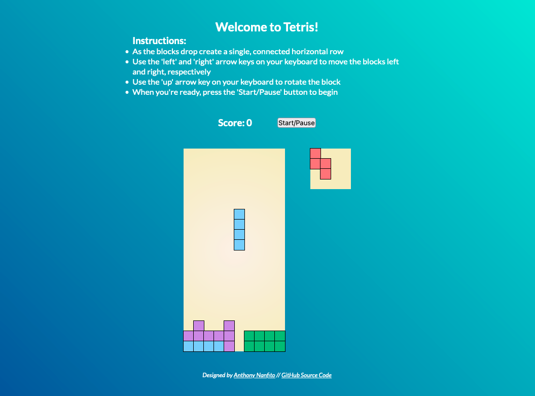 tetris app centered on the page with blocks falling and instructions printed at the top