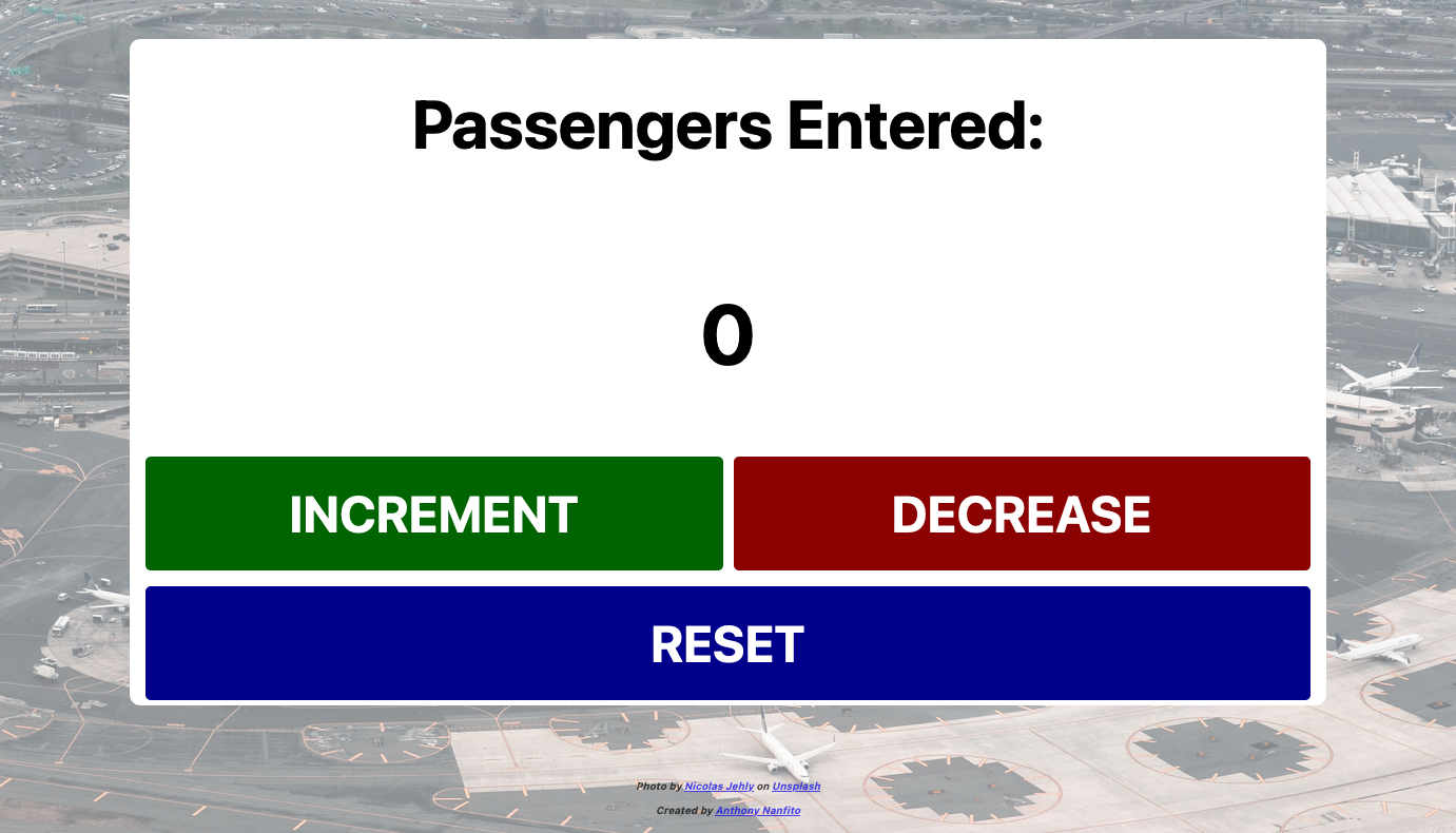 passenger counter app with 3 buttons; increment, decrease, and reset
