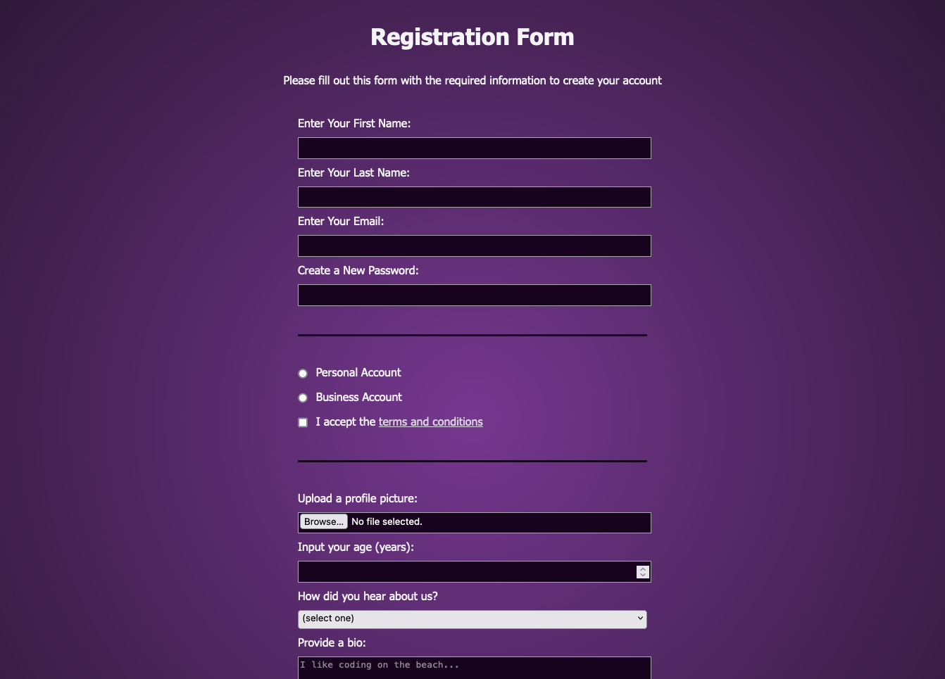 a basic registration form for a website with inputs for name, email, account type, profile image, and bio