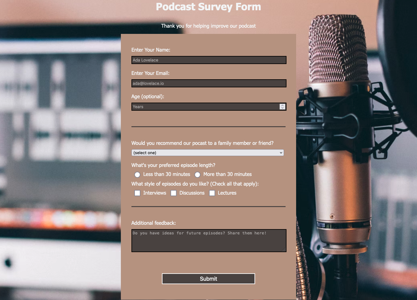 survey form for a podcast asking for listener feedback on how they like the episodes
