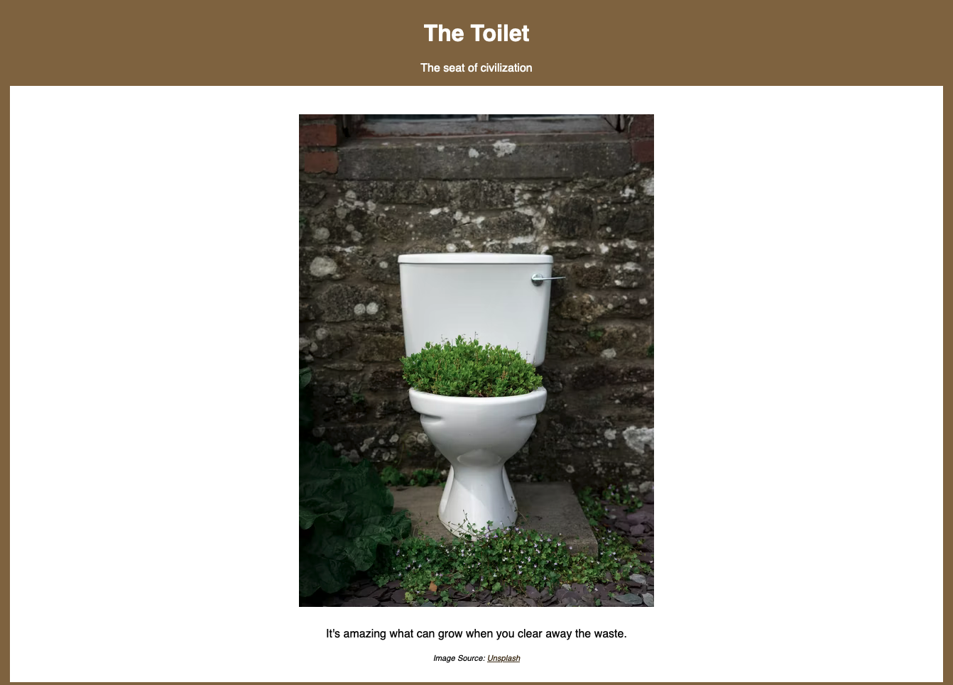 screenshot of my sample tribute page to civilization's greatest invention: the toilet